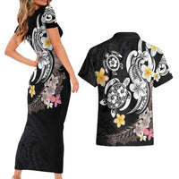 Hawaiian Tropical Plumeria Turtles Couples Matching Short Sleeve Bodycon Dress and Hawaiian Shirt Polynesian Art Tattoo