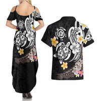 Hawaiian Tropical Plumeria Turtles Couples Matching Summer Maxi Dress and Hawaiian Shirt Polynesian Art Tattoo