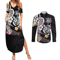 Hawaiian Tropical Plumeria Turtles Couples Matching Summer Maxi Dress and Long Sleeve Button Shirt Polynesian Art Tattoo