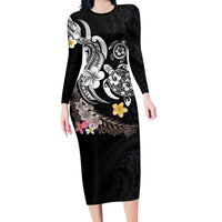 Hawaiian Tropical Plumeria Turtles Family Matching Long Sleeve Bodycon Dress and Hawaiian Shirt Polynesian Art Tattoo