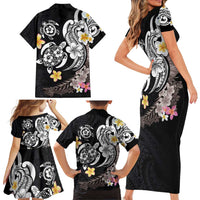 Hawaiian Tropical Plumeria Turtles Family Matching Short Sleeve Bodycon Dress and Hawaiian Shirt Polynesian Art Tattoo