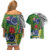 Cook Islands Independence Day Couples Matching Off Shoulder Short Dress and Hawaiian Shirt National Flag and Emblem with Tatau Tattoo