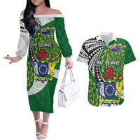 Cook Islands Independence Day Couples Matching Off The Shoulder Long Sleeve Dress and Hawaiian Shirt National Flag and Emblem with Tatau Tattoo