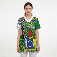 Cook Islands Independence Day Scrub Top National Flag and Emblem with Tatau Tattoo - Polynesian Pride