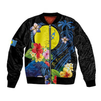 Palau Independence Day Bomber Jacket Melanesian Tattoo with Hibiscus