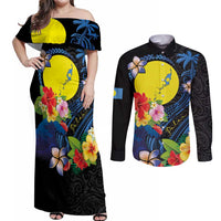 Palau Independence Day Couples Matching Off Shoulder Maxi Dress and Long Sleeve Button Shirt Melanesian Tattoo with Hibiscus