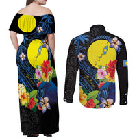 Palau Independence Day Couples Matching Off Shoulder Maxi Dress and Long Sleeve Button Shirt Melanesian Tattoo with Hibiscus