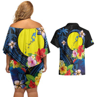 Palau Independence Day Couples Matching Off Shoulder Short Dress and Hawaiian Shirt Melanesian Tattoo with Hibiscus