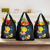 Palau Independence Day Grocery Bag Melanesian Tattoo with Hibiscus