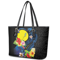 Palau Independence Day Leather Tote Bag Melanesian Tattoo with Hibiscus