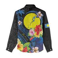 Palau Independence Day Women Casual Shirt Melanesian Tattoo with Hibiscus