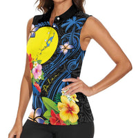 Palau Independence Day Women Sleeveless Polo Shirt Melanesian Tattoo with Hibiscus