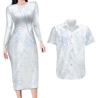 Hawaiian Turtles and Leis Couples Matching Long Sleeve Bodycon Dress and Hawaiian Shirt Tribal Kakau Pattern Airy White Blue Cloud Vibe LT03 White - Polynesian Pride