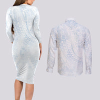 Hawaiian Turtles and Leis Couples Matching Long Sleeve Bodycon Dress and Long Sleeve Button Shirt Tribal Kakau Pattern Airy White Blue Cloud Vibe LT03 - Polynesian Pride