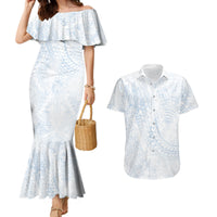 Hawaiian Turtles and Leis Couples Matching Mermaid Dress and Hawaiian Shirt Tribal Kakau Pattern Airy White Blue Cloud Vibe LT03 White - Polynesian Pride