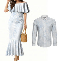 Hawaiian Turtles and Leis Couples Matching Mermaid Dress and Long Sleeve Button Shirt Tribal Kakau Pattern Airy White Blue Cloud Vibe LT03 White - Polynesian Pride
