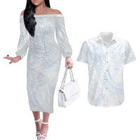 Hawaiian Turtles and Leis Couples Matching Off The Shoulder Long Sleeve Dress and Hawaiian Shirt Tribal Kakau Pattern Airy White Blue Cloud Vibe LT03 White - Polynesian Pride