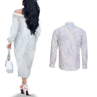 Hawaiian Turtles and Leis Couples Matching Off The Shoulder Long Sleeve Dress and Long Sleeve Button Shirt Tribal Kakau Pattern Airy White Blue Cloud Vibe LT03 - Polynesian Pride