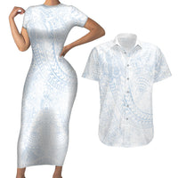 Hawaiian Turtles and Leis Couples Matching Short Sleeve Bodycon Dress and Hawaiian Shirt Tribal Kakau Pattern Airy White Blue Cloud Vibe LT03 White - Polynesian Pride