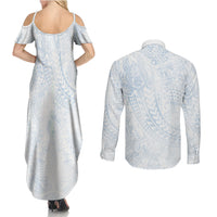 Hawaiian Turtles and Leis Couples Matching Summer Maxi Dress and Long Sleeve Button Shirt Tribal Kakau Pattern Airy White Blue Cloud Vibe LT03 - Polynesian Pride