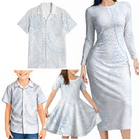 Hawaiian Turtles and Leis Family Matching Long Sleeve Bodycon Dress and Hawaiian Shirt Tribal Kakau Pattern Airy White Blue Cloud Vibe LT03 - Polynesian Pride