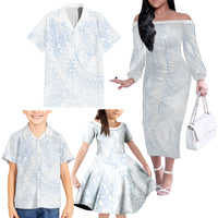 Hawaiian Turtles and Leis Family Matching Off The Shoulder Long Sleeve Dress and Hawaiian Shirt Tribal Kakau Pattern Airy White Blue Cloud Vibe LT03 - Polynesian Pride