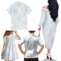 Hawaiian Turtles and Leis Family Matching Off The Shoulder Long Sleeve Dress and Hawaiian Shirt Tribal Kakau Pattern Airy White Blue Cloud Vibe LT03 - Polynesian Pride