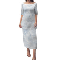 Hawaiian Turtles and Leis Family Matching Puletasi and Hawaiian Shirt Tribal Kakau Pattern Airy White Blue Cloud Vibe LT03 Mom's Dress White - Polynesian Pride