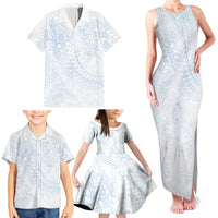 Hawaiian Turtles and Leis Family Matching Tank Maxi Dress and Hawaiian Shirt Tribal Kakau Pattern Airy White Blue Cloud Vibe LT03 - Polynesian Pride