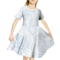 Hawaiian Turtles and Leis Kid Short Sleeve Dress Tribal Kakau Pattern Airy White Blue Cloud Vibe LT03 - Polynesian Pride