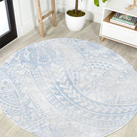 Hawaiian Turtles and Leis Round Carpet Tribal Kakau Pattern Airy White Blue Cloud Vibe LT03 White - Polynesian Pride
