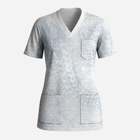 Hawaiian Turtles and Leis Scrub Top Tribal Kakau Pattern Airy White Blue Cloud Vibe LT03 Adult White - Polynesian Pride