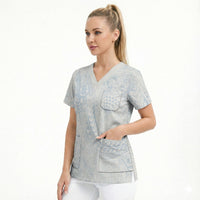 Hawaiian Turtles and Leis Scrub Top Tribal Kakau Pattern Airy White Blue Cloud Vibe LT03 - Polynesian Pride