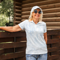 Hawaiian Turtles and Leis Women Polo Shirt Tribal Kakau Pattern Airy White Blue Cloud Vibe LT03 - Polynesian Pride