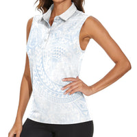 Hawaiian Turtles and Leis Women Sleeveless Polo Shirt Tribal Kakau Pattern Airy White Blue Cloud Vibe LT03 - Polynesian Pride