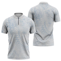 Hawaiian Turtles and Leis Zipper Polo Shirt Tribal Kakau Pattern Airy White Blue Cloud Vibe LT03 - Polynesian Pride
