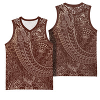 Hawaiian Turtles and Leis Basketball Jersey Tribal Kakau Pattern Mocha Mousse Color LT03 - Polynesian Pride