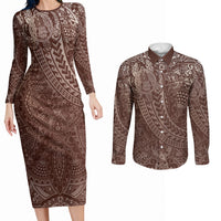 Hawaiian Turtles and Leis Couples Matching Long Sleeve Bodycon Dress and Long Sleeve Button Shirt Tribal Kakau Pattern Mocha Mousse Color LT03 Mocha Mousse - Polynesian Pride