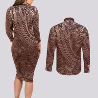 Hawaiian Turtles and Leis Couples Matching Long Sleeve Bodycon Dress and Long Sleeve Button Shirt Tribal Kakau Pattern Mocha Mousse Color LT03 - Polynesian Pride
