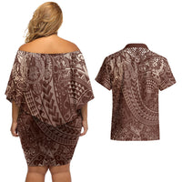 Hawaiian Turtles and Leis Couples Matching Off Shoulder Short Dress and Hawaiian Shirt Tribal Kakau Pattern Mocha Mousse Color LT03 - Polynesian Pride