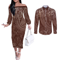 Hawaiian Turtles and Leis Couples Matching Off The Shoulder Long Sleeve Dress and Long Sleeve Button Shirt Tribal Kakau Pattern Mocha Mousse Color LT03 Mocha Mousse - Polynesian Pride