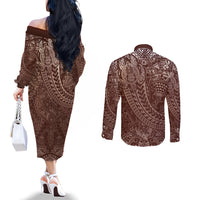Hawaiian Turtles and Leis Couples Matching Off The Shoulder Long Sleeve Dress and Long Sleeve Button Shirt Tribal Kakau Pattern Mocha Mousse Color LT03 - Polynesian Pride
