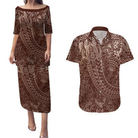 Hawaiian Turtles and Leis Couples Matching Puletasi and Hawaiian Shirt Tribal Kakau Pattern Mocha Mousse Color LT03 Mocha Mousse - Polynesian Pride