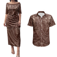 Hawaiian Turtles and Leis Couples Matching Puletasi and Hawaiian Shirt Tribal Kakau Pattern Mocha Mousse Color LT03 Mocha Mousse - Polynesian Pride