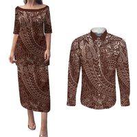 Hawaiian Turtles and Leis Couples Matching Puletasi and Long Sleeve Button Shirt Tribal Kakau Pattern Mocha Mousse Color LT03 Mocha Mousse - Polynesian Pride