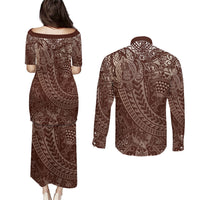 Hawaiian Turtles and Leis Couples Matching Puletasi and Long Sleeve Button Shirt Tribal Kakau Pattern Mocha Mousse Color LT03 - Polynesian Pride