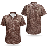 Hawaiian Turtles and Leis Couples Matching Short Sleeve Bodycon Dress and Hawaiian Shirt Tribal Kakau Pattern Mocha Mousse Color LT03 - Polynesian Pride