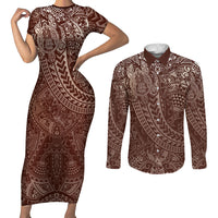 Hawaiian Turtles and Leis Couples Matching Short Sleeve Bodycon Dress and Long Sleeve Button Shirt Tribal Kakau Pattern Mocha Mousse Color LT03 Mocha Mousse - Polynesian Pride
