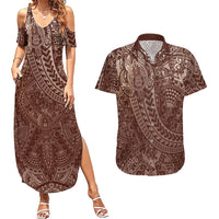Hawaiian Turtles and Leis Couples Matching Summer Maxi Dress and Hawaiian Shirt Tribal Kakau Pattern Mocha Mousse Color LT03 Mocha Mousse - Polynesian Pride