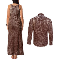 Hawaiian Turtles and Leis Couples Matching Tank Maxi Dress and Long Sleeve Button Shirt Tribal Kakau Pattern Mocha Mousse Color LT03 - Polynesian Pride